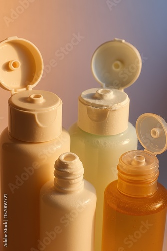 Assorted skincare bottles on gradient background with open lids