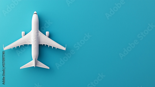 A minimalist aviation concept featuring a solitary white commercial jet on vivid cyan background, symbolizing modern travel freedom and efficiency.
