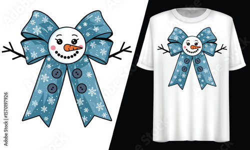 Snowman with Blue Bow, Snowflakes, T-Shirt Design.