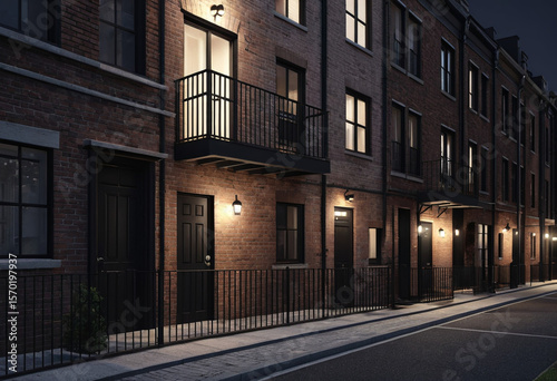 Urban Residential Street with Dark Red Brick Townhouses at Night

