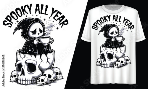 Spooky All Year, Skull Ghost Halloween, T-Shirt Design.