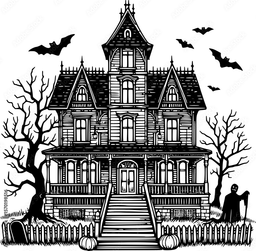 Obraz premium Scary haunted house line art for Halloween design and printable decor