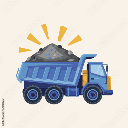 Blue dump truck filled with gravel and rocks with yellow sunbursts
