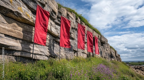 Red flags affixed to a stone wall, hillside backdrop