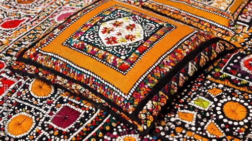 Ornate embroidered cushions on a colorful textile