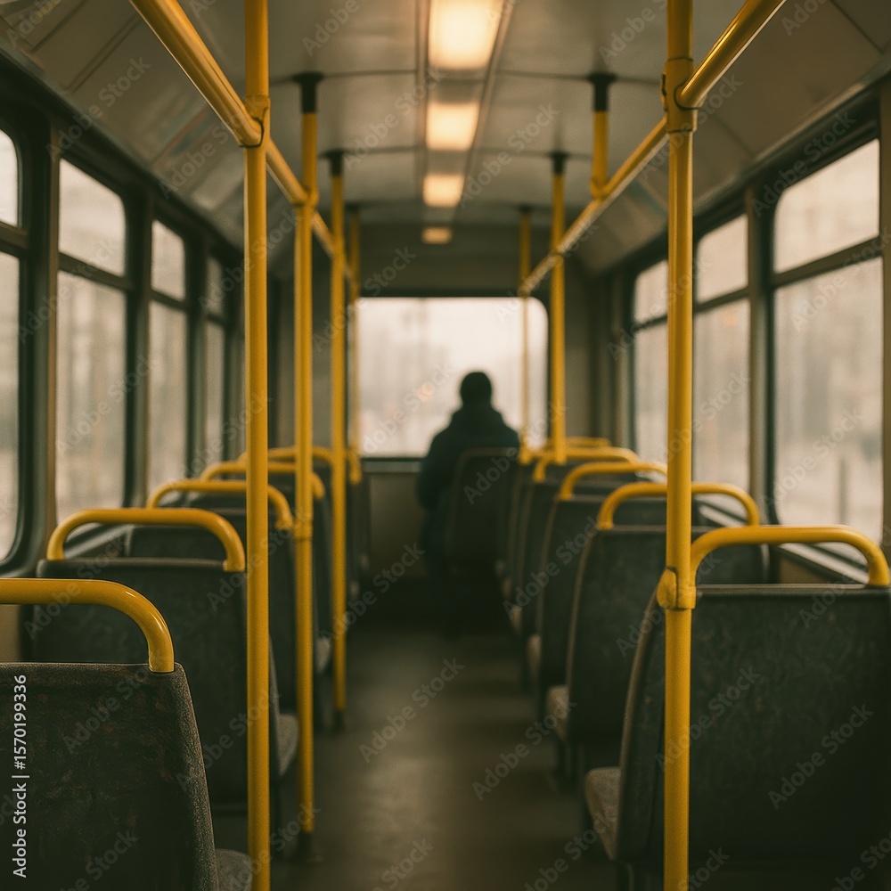 Fototapeta premium Solitary passenger on bus during foggy morning commute