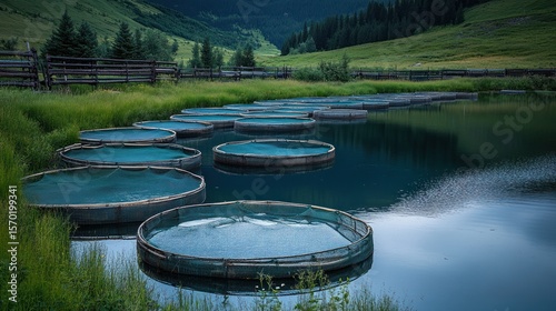 Circular fish farms in a tranquil alpine lake