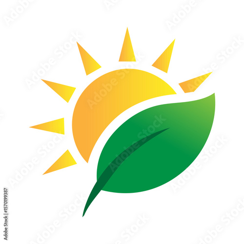 Vector illustration of a bright sun rising behind a green leaf, symbolizing eco energy, nature, sustainability, and environmental care