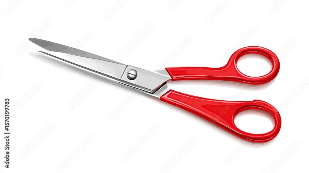 Obraz premium A pair of scissors with red handles and silver blades, slightly open on a white background