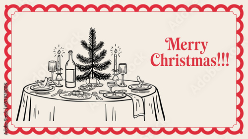 Christmas Dinner Table Vector Set – Minimal Line Food and Drink Illustrations in Chalk and Crayon Style – Horizontal Poster for New Year Celebration or Holiday Invitations

