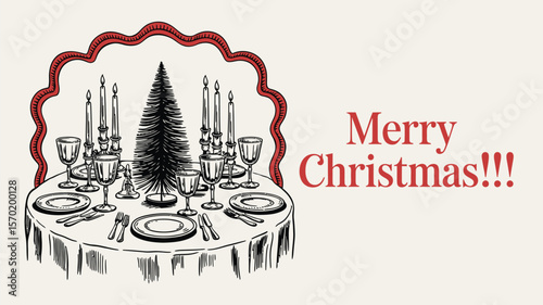 Modern horizontal poster placard with ink minimal line food and drinks. Christmas dinner table chalk crayon drawing set. Vector illustrations for new year celebration wall decor or new year invitation