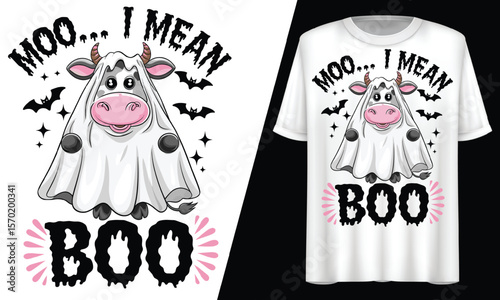 Moo I Mean Boo, Halloween Cow Ghost, T-Shirt Design.