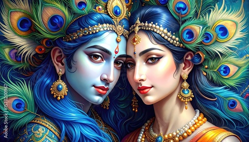 Krishna and Radha: A Vibrant Peacock-Feathered Romantic Portrait