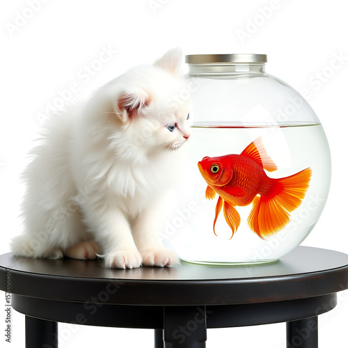 White Angora cat and goldfish in a glass bowl. Symbolic creative, curious pets on a dark table. Object isolated.
