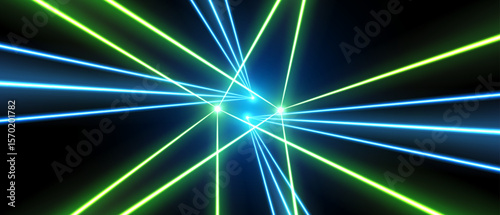 Laser rays or beams, glowing neon lines, bright futuristic background. Motion or speed light effect. Concert or nightclub spotlights. Vector illustration.