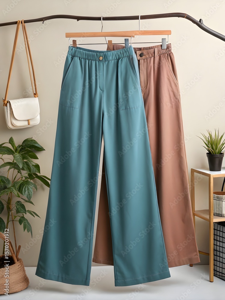 custom made wallpaper toronto digitalTwo pairs of wide leg pants hanging on a rack with a purse and plant in the background indoors