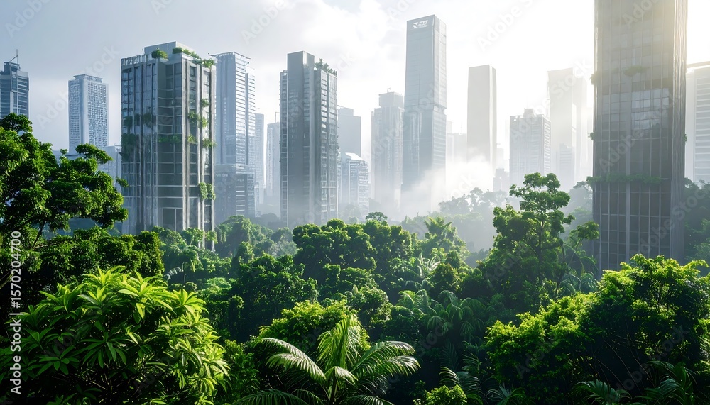 Fototapeta premium Sustainable Urban Cityscape with Modern Buildings and Lush Green Nature in Misty Environment