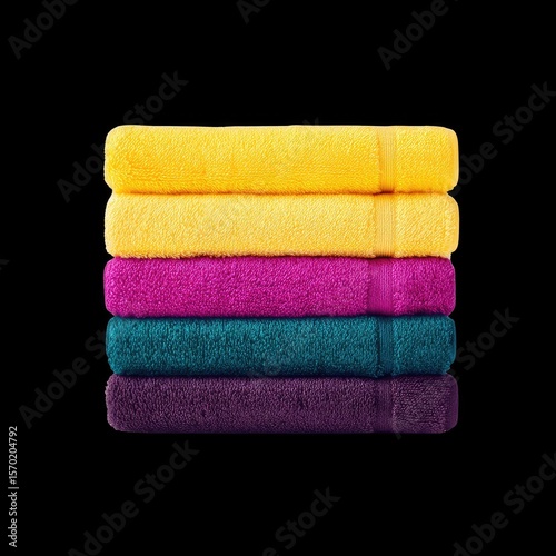 Stacked Colorful Towels in Bright Shades of Yellow, Purple, and Teal for Home and Spa Decor