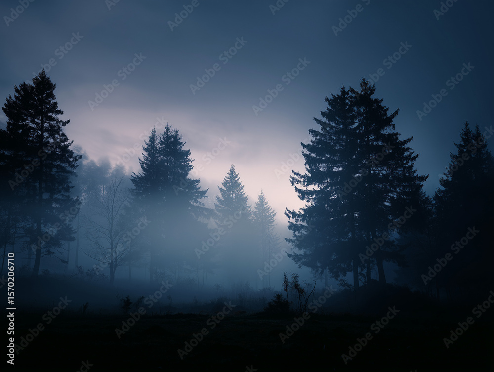 Fototapeta premium Twilight Forest Silhouette with Fog