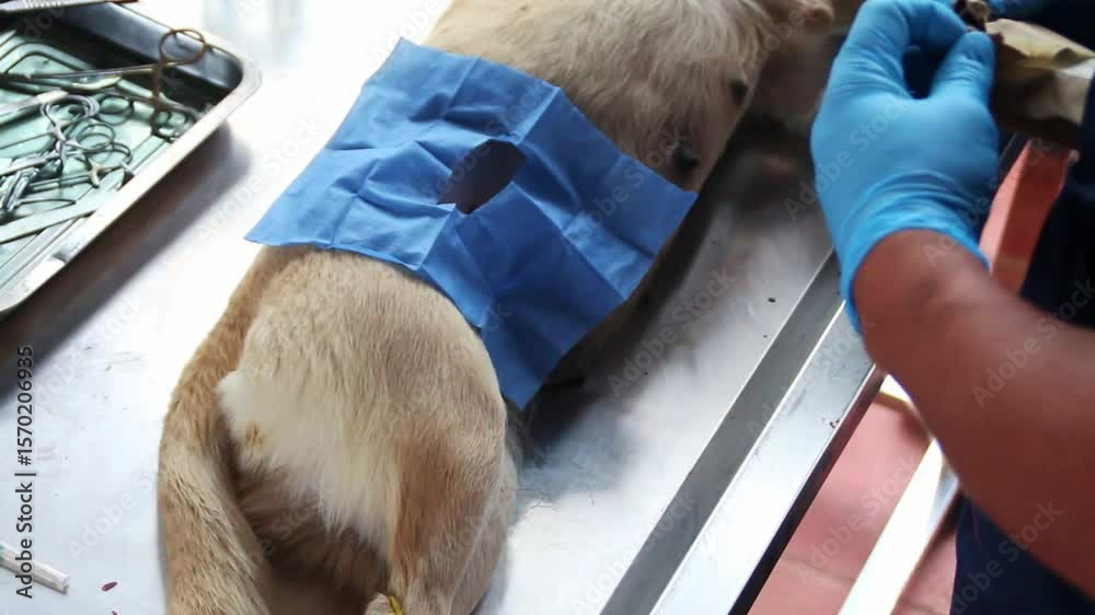 Preparación para intervención quirúrgica de una perra que será esterilizada, sobre una mesa de operación veterinaria metálica.
