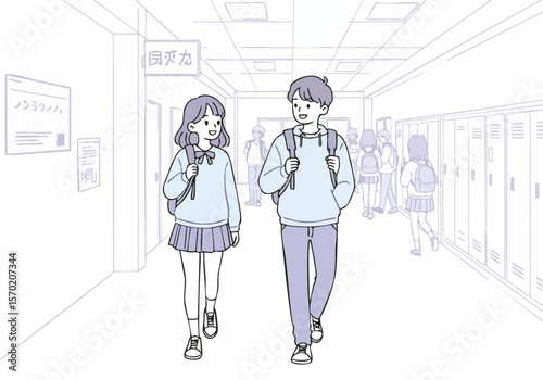 Happy teen students with backpacks walking and smiling in school hallway illustration