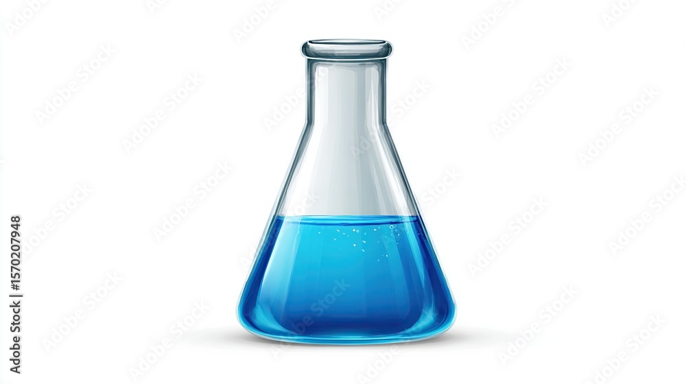 Clear glass conical flask, filled with a vibrant blue liquid, isolated on a white background. Realistic 3D rendering Clear glass conical flask, filled with a vibrant blue liquid, isolated on a white background. Realistic 3D rendering