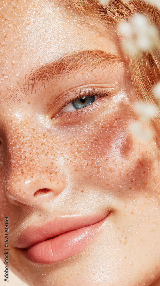 Fototapeta premium Close-up of a female face with dewy skin and freckles, partially covered by a soft focus element. Beauty, natural, skincare, freshness
