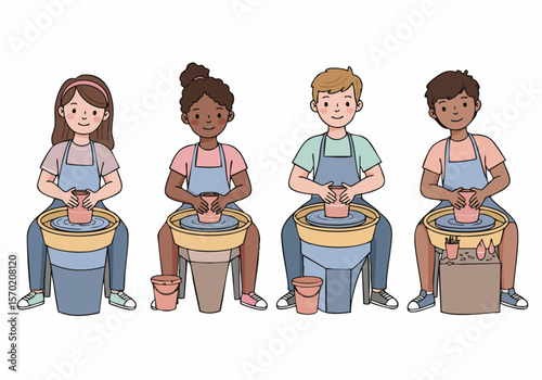 Diverse Group of Friends Enjoying Pottery Class and Crafting Ceramics Together.