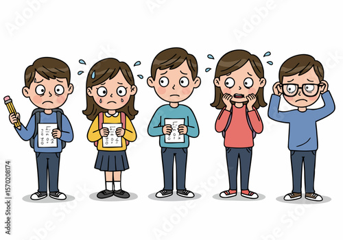 Group of five diverse school children looking worried and upset, holding test papers with bad grades, experiencing stress and failure at school.