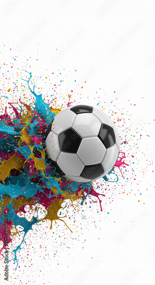 Fototapeta premium Abstract 3D Render of a Soccer Ball Splashing into Colorful Paint