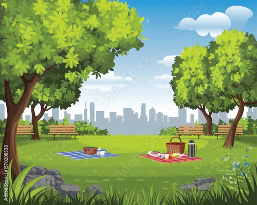 Flat vector summer/spring view of the city park's outdoor landscape.