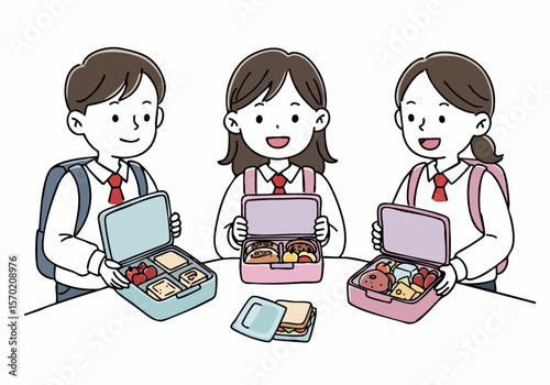 Cheerful elementary school children open their packed lunch boxes filled with sandwiches, fruit, and snacks during break time.