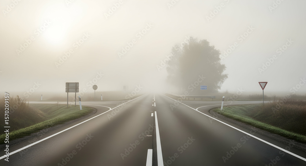 Fototapeta premium Eerie Intersection Shrouded In Mysterious Fog Offering A Sense Of Isolation