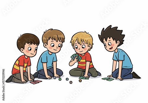 Cartoon illustration of four young boys sitting on the floor, playing a card game with chips and happy expressions, isolated on a white background.