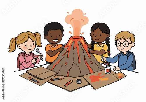 Diverse group of happy elementary school children doing a science experiment, creating an erupting volcano model illustration