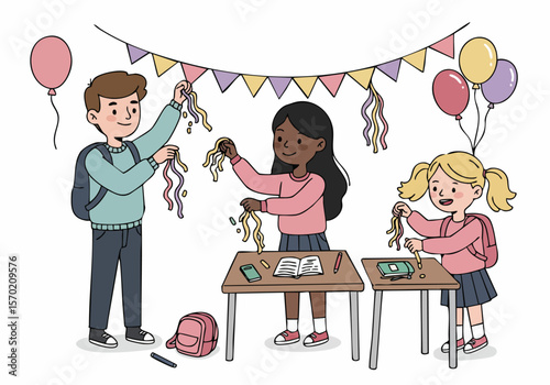 Diverse school children decorate classroom for a party with banners and ribbons, celebrating togetherness and fun activities.