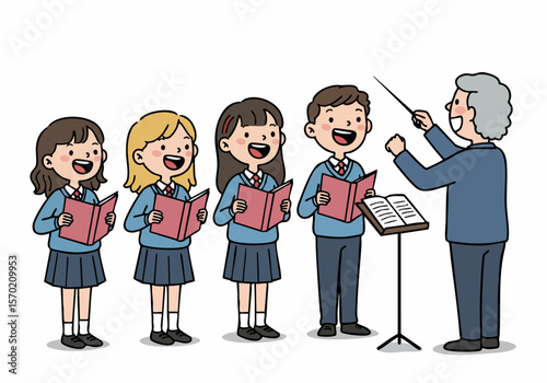 School choir students singing with their teacher conductor, a cheerful cartoon illustration of a music lesson or practice.