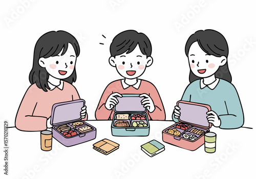 Simple hand-drawn illustration of three smiling children opening their lunchboxes filled with food on a white background.