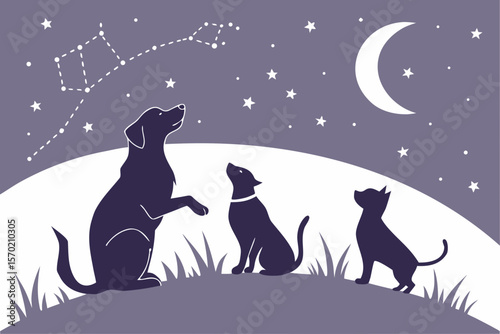 Mystical Pet & Moon Silhouettes — Dogs and Cats Sitting Under Moon, Stars, Constellations for Spiritual Decor & Laser Cut

