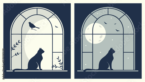 Cat in Window Silhouette Bundle — Sitting Cats Watching Birds, Moon, Stars from Windowsills for Art & Home Decor