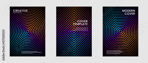 Minimal abstract covers set. Colorful geometric background bundle with lines styles decoration on dark space. Modern graphic design element stripes concept for web banner, flyer, card, or brochure