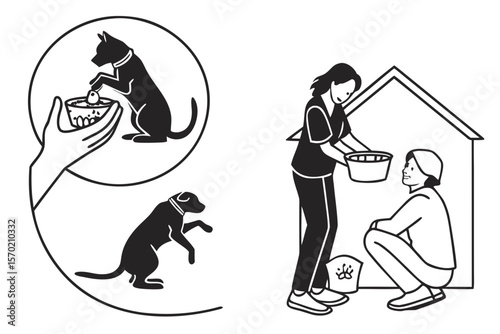 Pet Sitting Service Logo Silhouettes — Minimal Icons of Caregiver, House Visit, Feeding Bowl, Pet Hug for Branding & Merch
