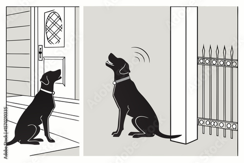 Pet Guard & Home Protection Silhouettes — Alert Dogs, Sitting on Porch, Watching Door, Family Protection Poses