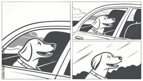 Car Ride Dog Silhouettes — Dogs Looking Out Windows, Wind in Face, Tongue Out Poses for Travel Merch & Stickers

