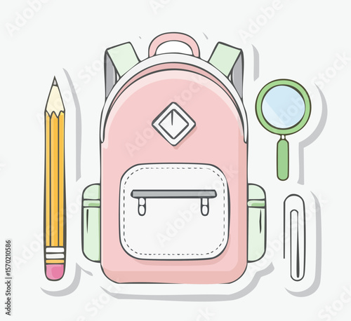 school supplies- pencil, glue stick, backpack, ruler, magnifying glass
