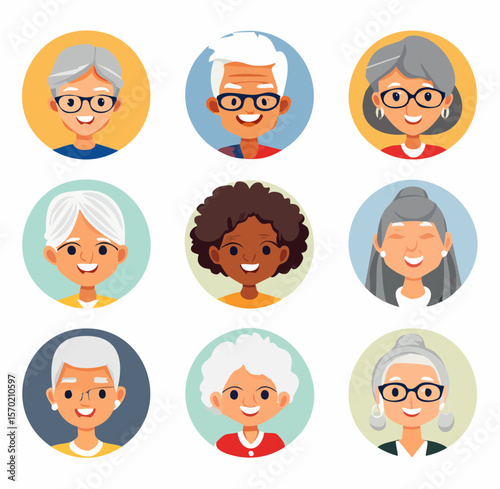 illustrated portraits of diverse older adults smiling 