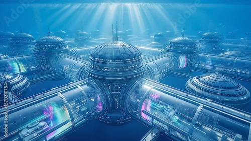 Underwater city domes span ocean floor, underwater city glints under sun rays, explorers thrive inside underwater city network. Concept marine utopia