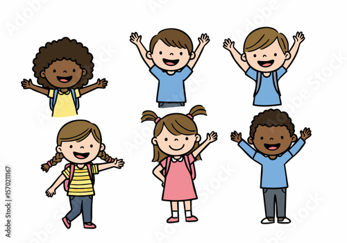 Diverse group of happy cartoon children with backpacks waving and smiling, excited for school and learning.