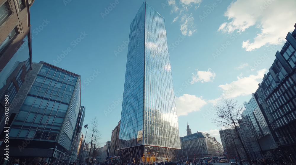 Naklejka premium Modern skyscraper reflecting clouds in urban setting