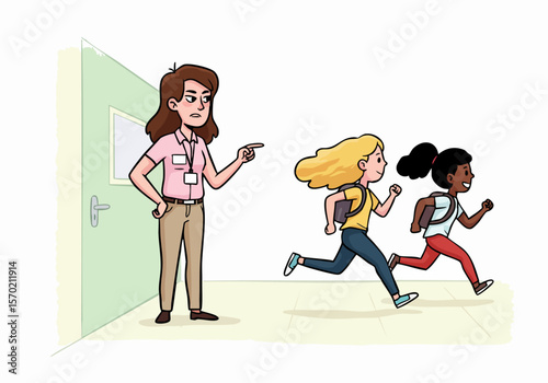 School discipline: Illustration of teacher pointing at two diverse students running away in a corridor.